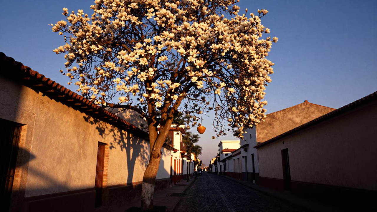 Lima Peru Sunset Street Scene with Magnolia Bloom and Colander in in Lima, Peru