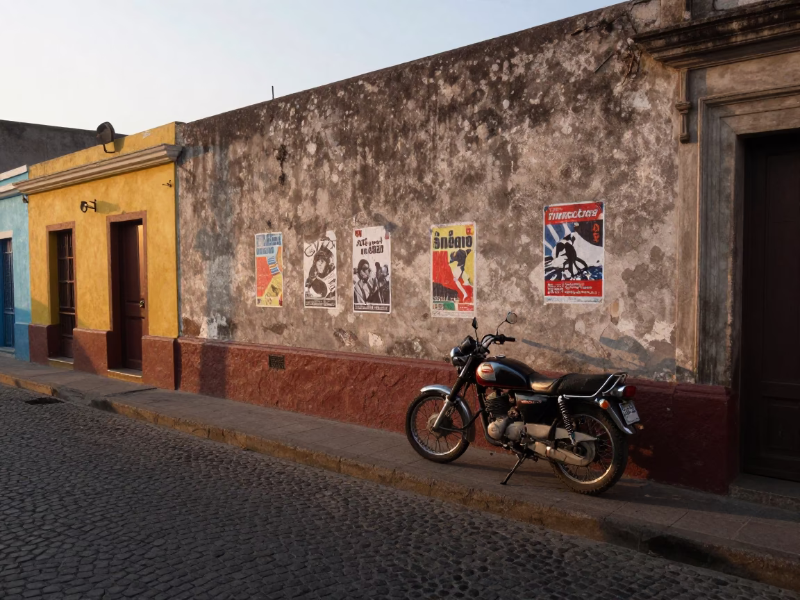 Lima Peru Sunset Street Scene with Motorcycle and Colorful Urban Details in in Lima, Peru