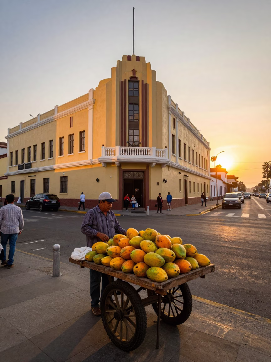 Lima Peru Sunset Street Scene with Papayas and Art Deco Facade in in Lima, Peru