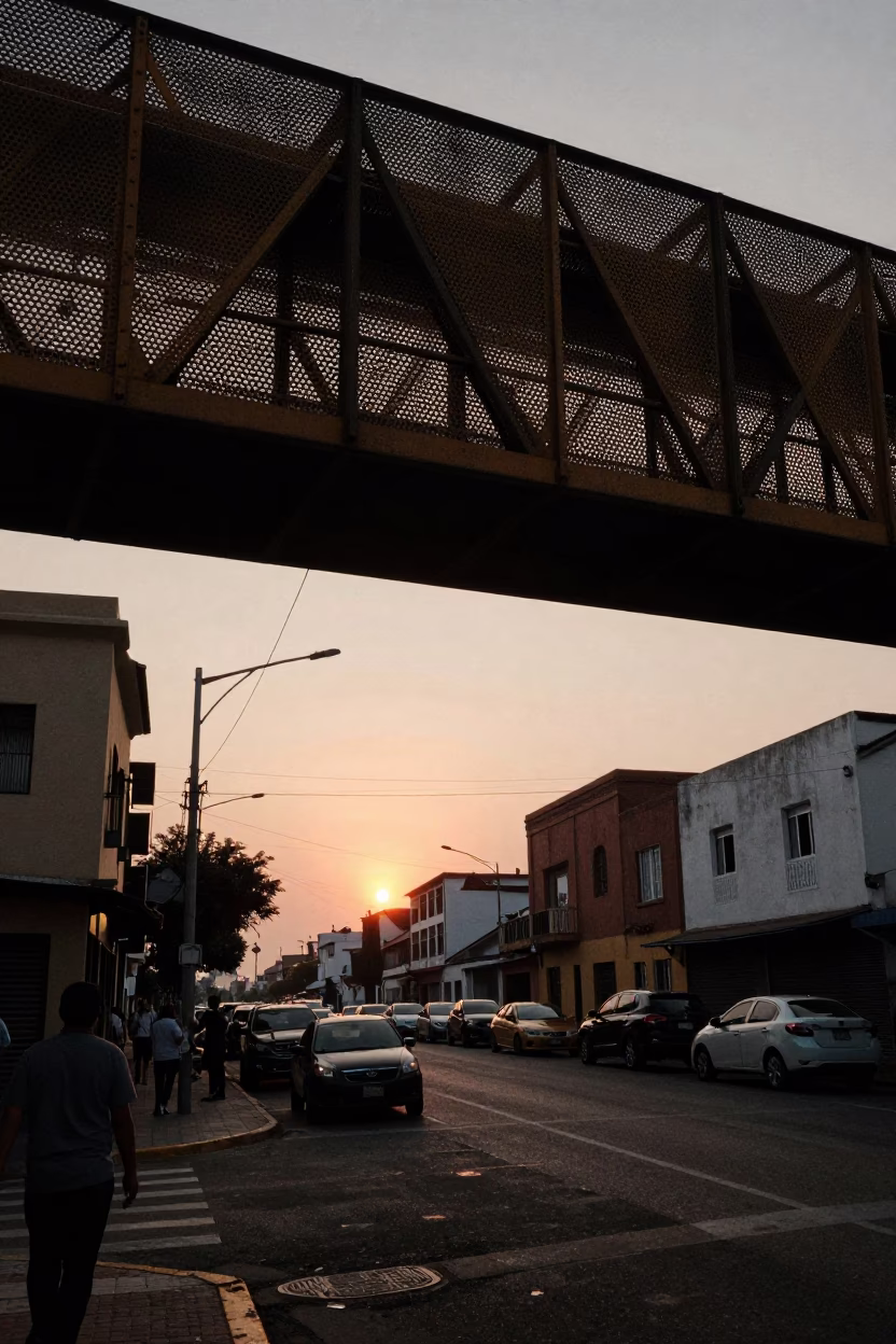 Lima Peru Sunset Street Scene with Perforated Metal Overpass and Local Commerce in in Lima, Peru