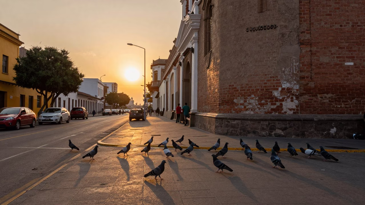 Lima Peru Sunset Street Scene with Pigeons and Urban Details in in Lima, Peru