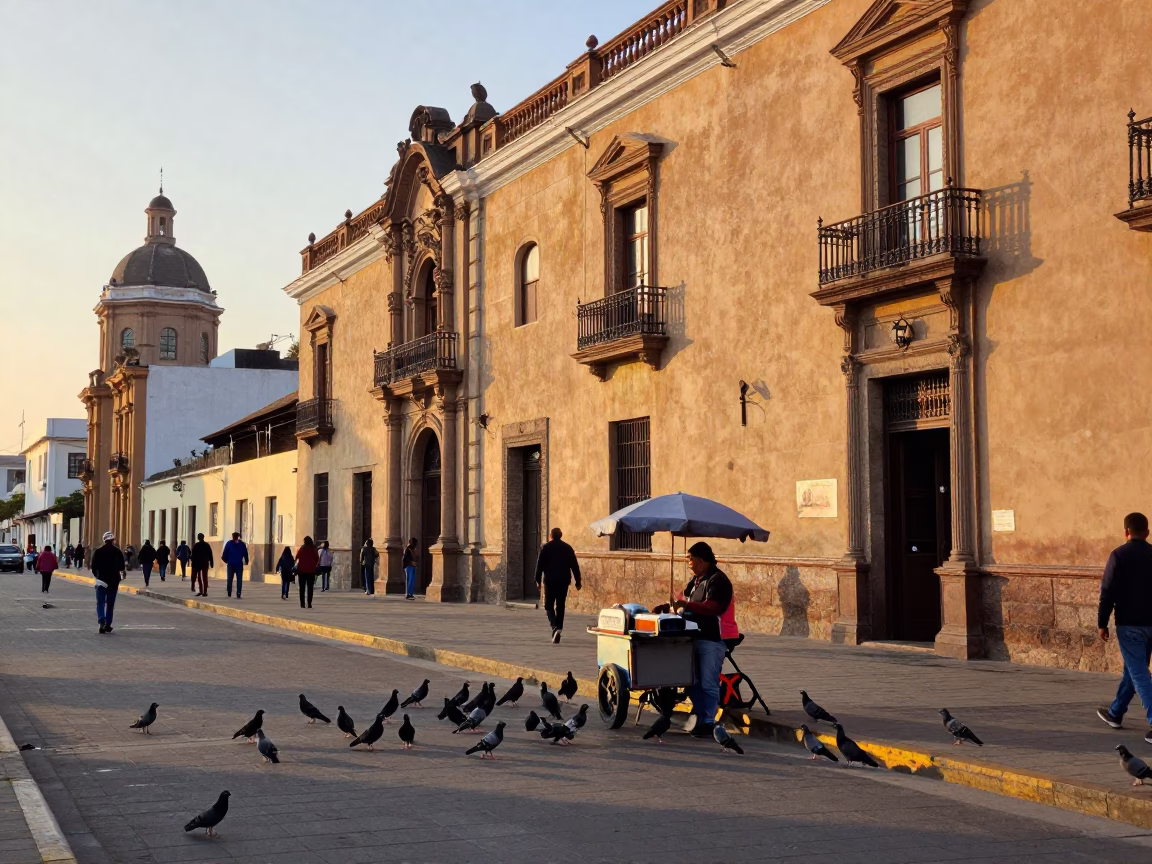 Lima Peru Sunset Street Scene with Pigeons and Urban Reflections in in Lima, Peru