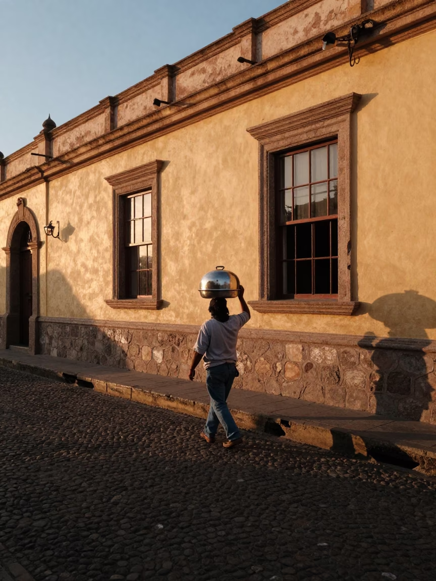 Lima Peru Sunset Street Scene with Pot Lid and Window Light Reflections in in Lima, Peru