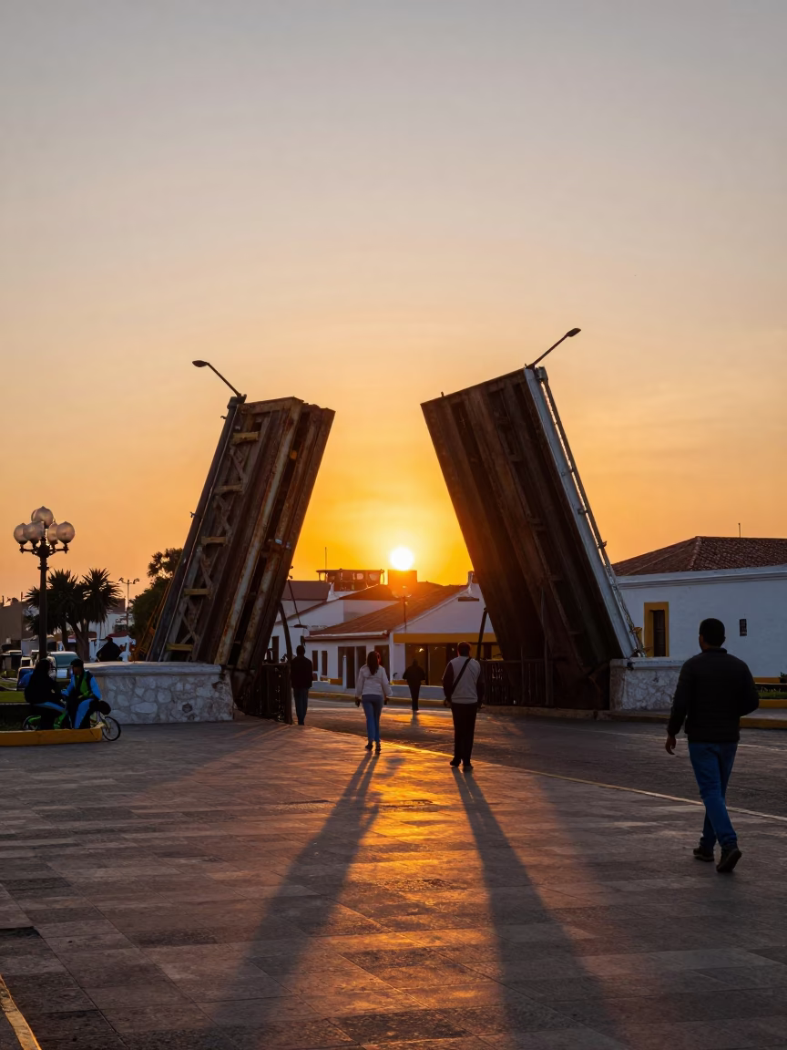 Lima Peru Sunset Street Scene with Rusted Drawbridge and Local Life in in Lima, Peru