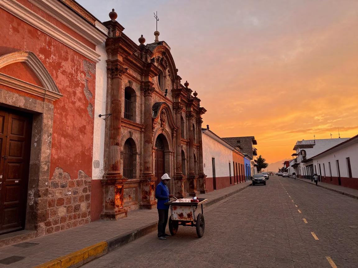 Lima Peru Sunset Street Scene with Rusty Basin and Terracotta Pot in in Lima, Peru