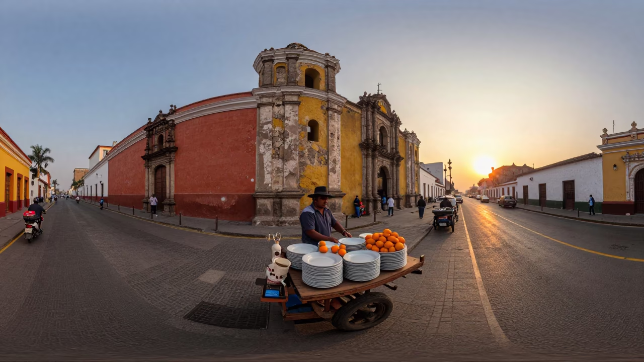 Lima Peru Sunset Street Scene with Stacked Plates and Oranges in in Lima, Peru