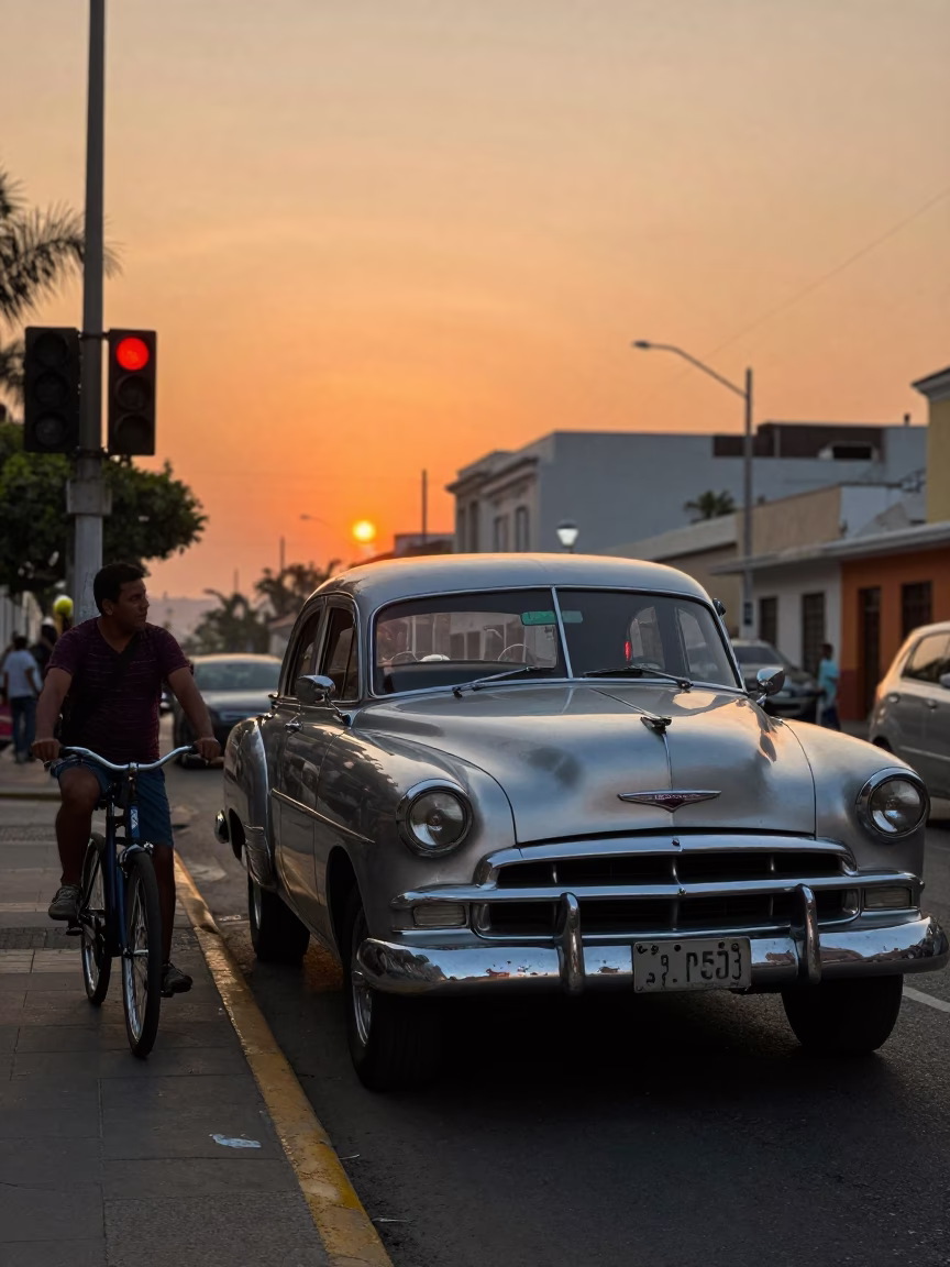 Lima Peru Sunset Street Scene with Vintage Car and Bicycle Basket in in Lima, Peru