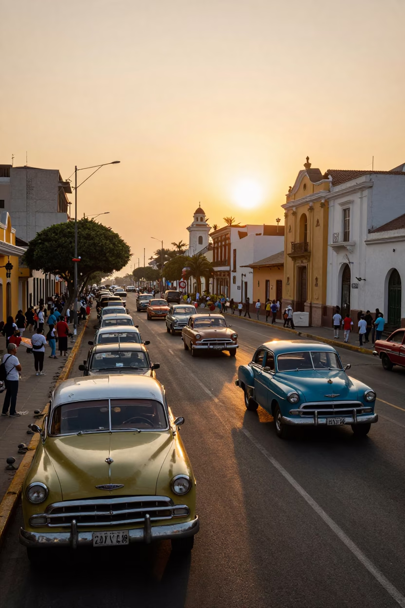 Lima Peru Sunset Street Scene with Vintage Car Rally and Local Market Activity in in Lima, Peru