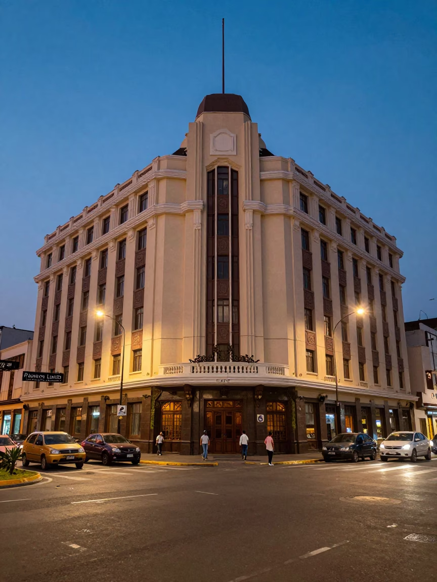 Lima Peru Twilight Street Scene with Art Deco Hotel Facade and Construction Sparks in in Lima, Peru