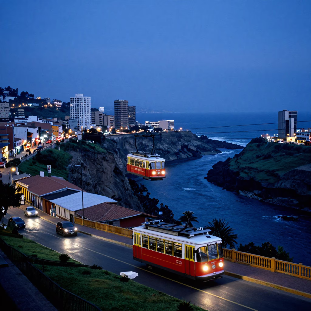 Lima Peru Twilight Street Scene with Cable Car and Local Interaction in in Lima, Peru