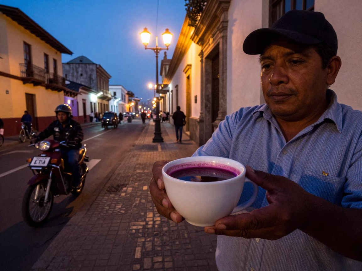 Lima Peru Twilight Street Scene with Coffee Cup and Local Architecture in in Lima, Peru