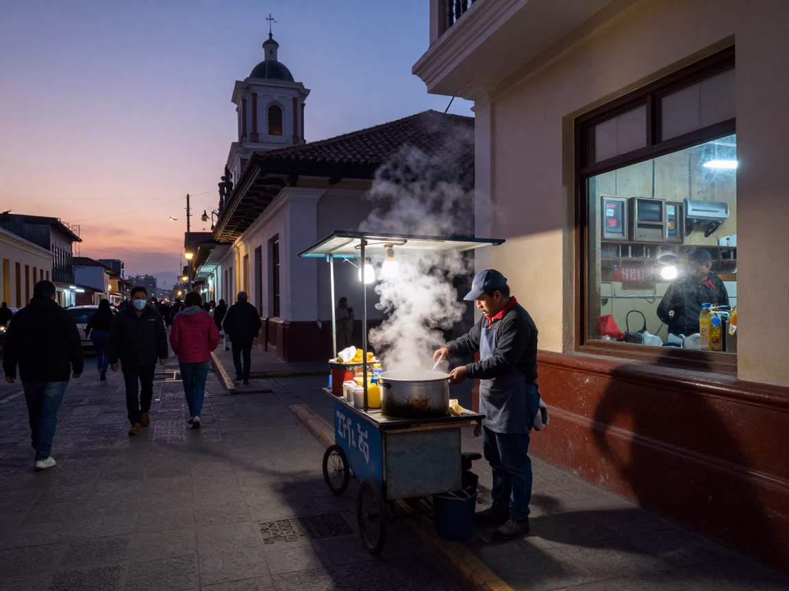 Lima Peru Twilight Street Scene with Food Vendor and Steam in in Lima, Peru