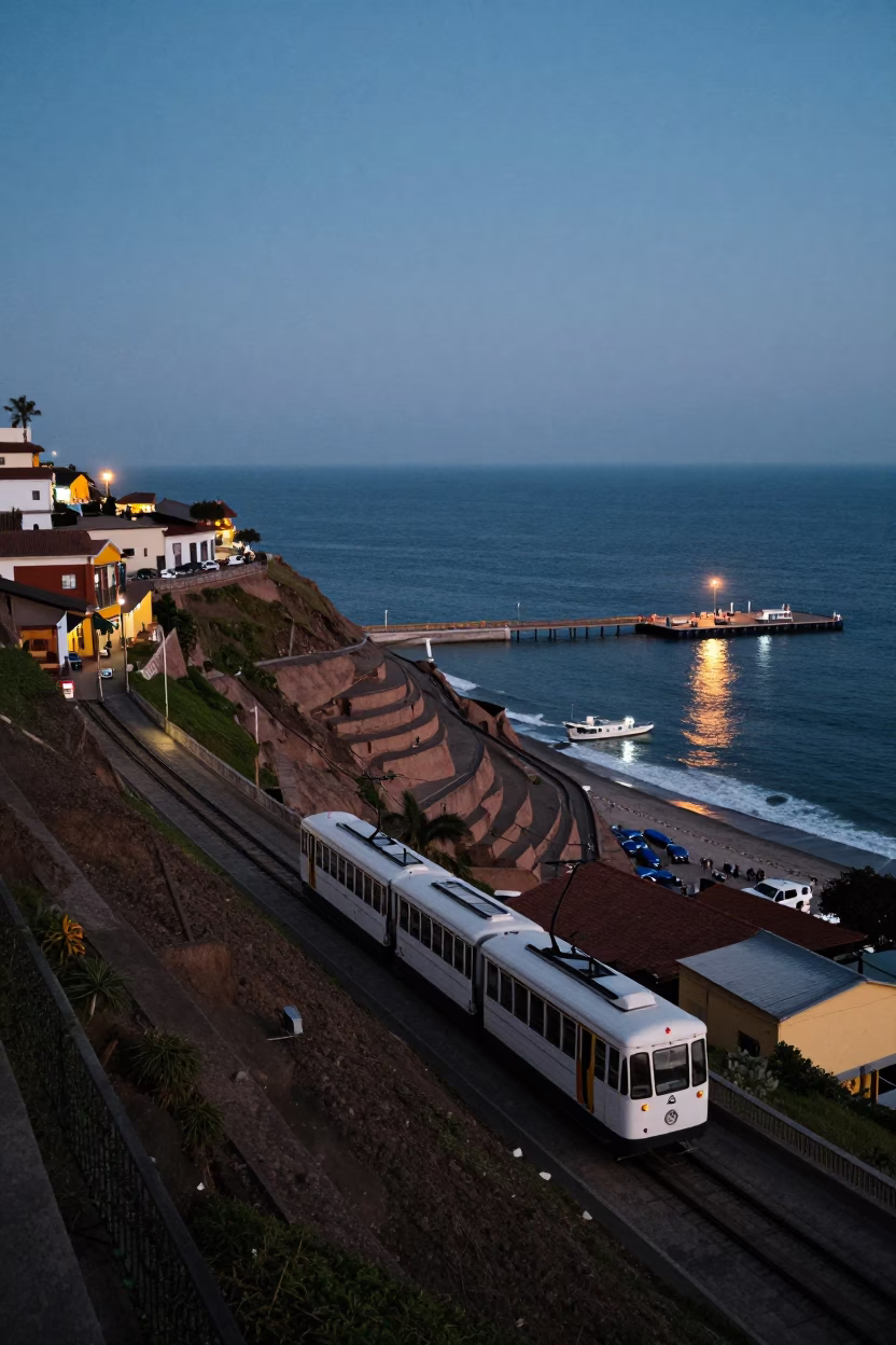 Lima Peru Twilight Street Scene with Funicular Railway and Water Taxi Harbor View in in Lima, Peru