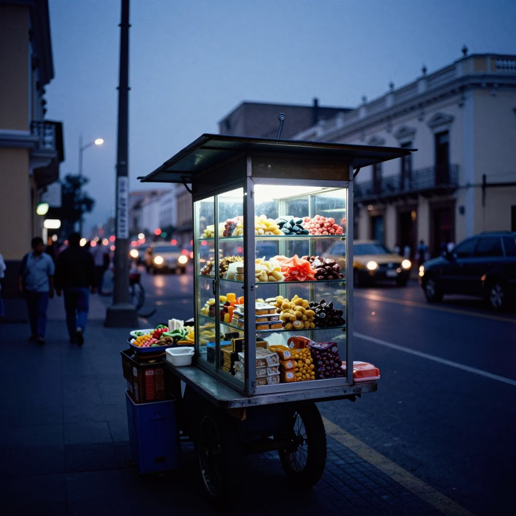 Lima Peru Twilight Street Scene with Glass Cabinet and Spanner on Table in in Lima, Peru