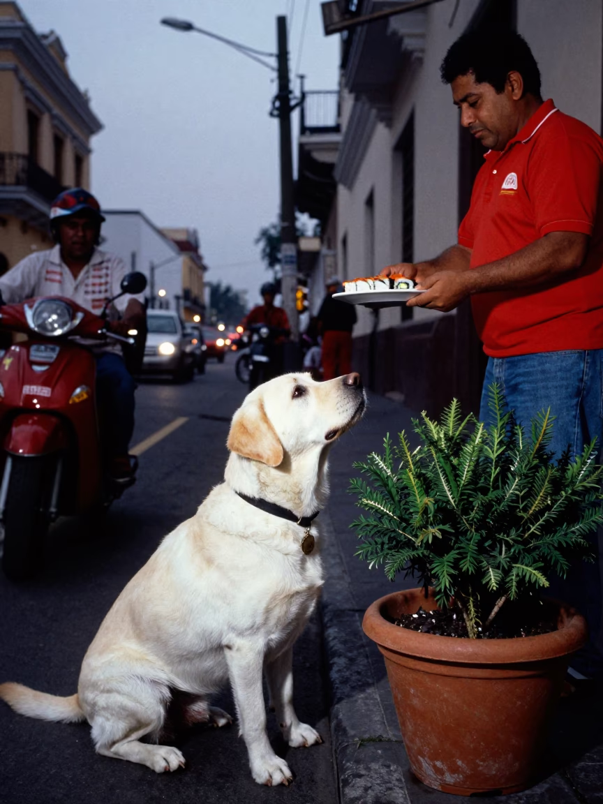 Lima Peru Twilight Street Scene With Labrador Retriever And Potted Succulents in in Lima, Peru