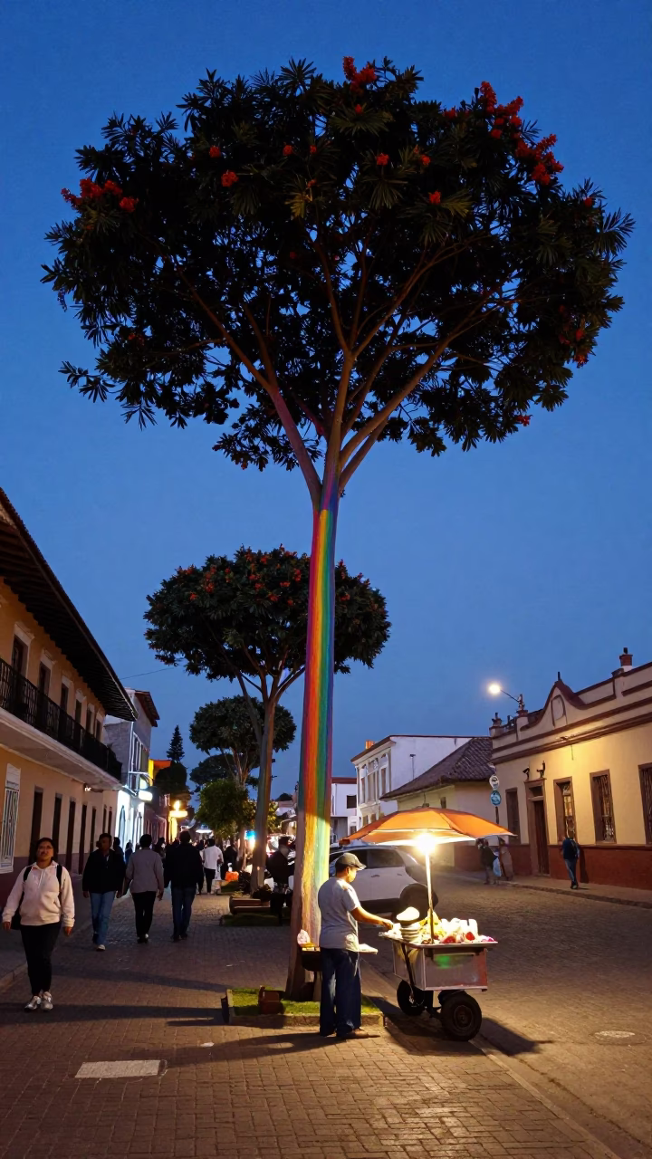 Lima Peru Twilight Street Scene with Rainbow Eucalyptus and Local Dining in in Lima, Peru