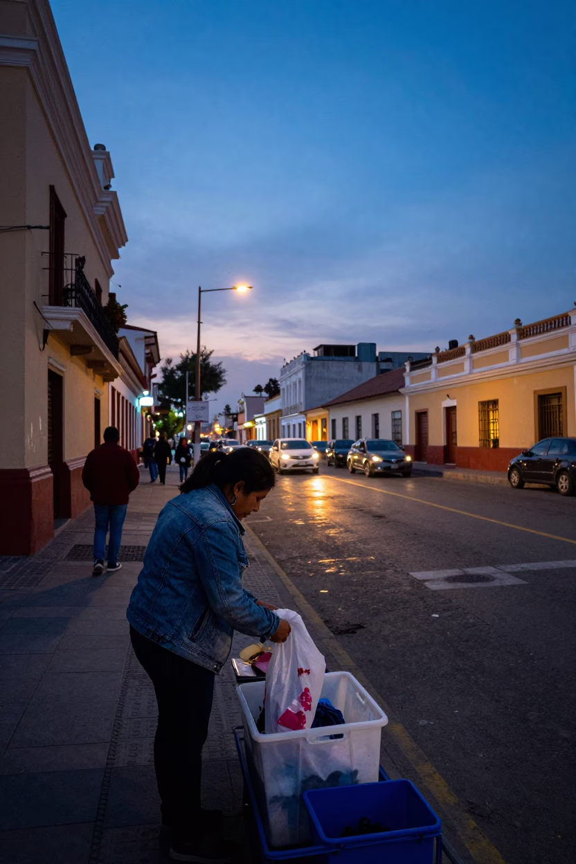 Lima Peru Twilight Street Scene with Sun Stripe and Berry Vendor in in Lima, Peru