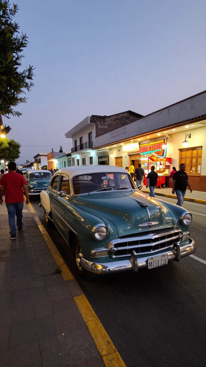 Lima Peru Twilight Street Scene with Vintage Car and Local Market Activity in in Lima, Peru