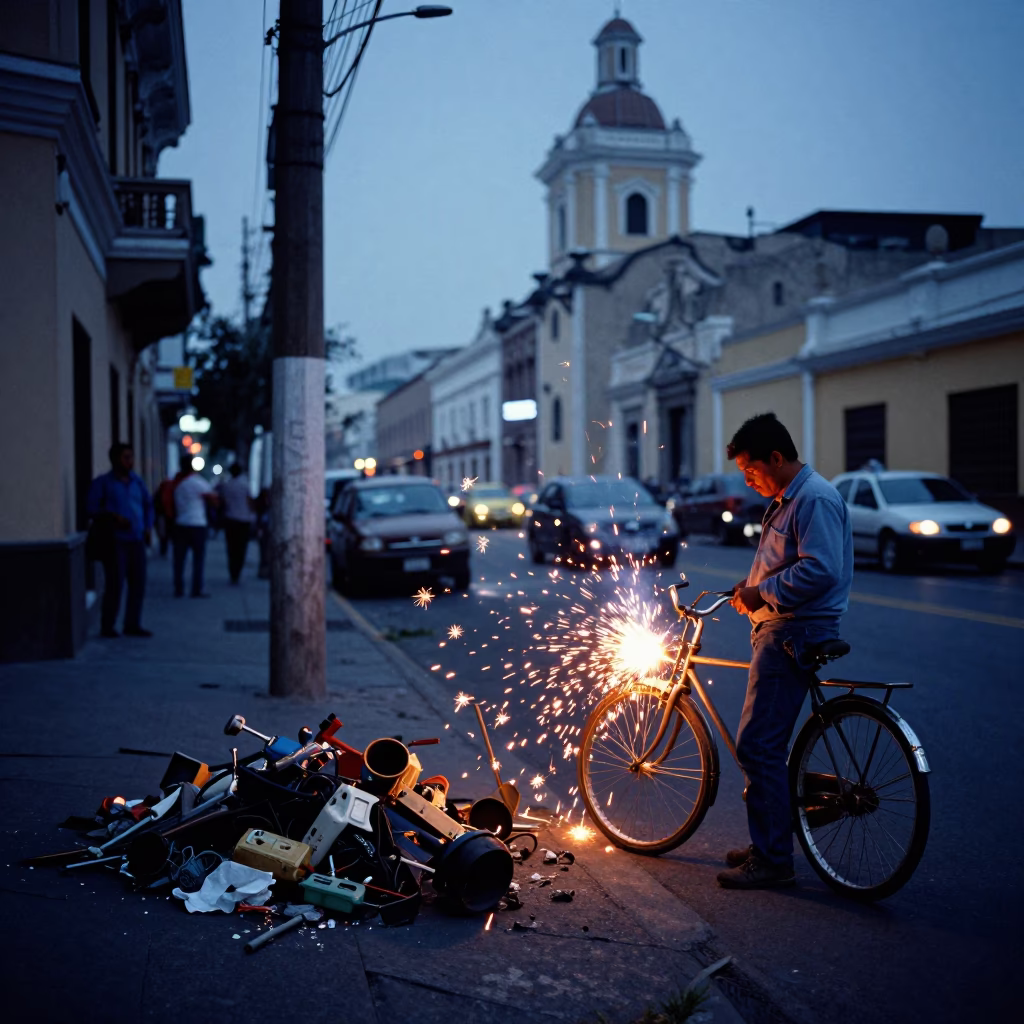 Lima Peru Twilight Street Scene with Welding Sparks and Bicycle in in Lima, Peru