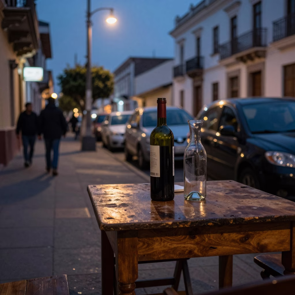 Lima Peru Twilight Street Scene with Wine Bottle and Carafe on Wooden Table in in Lima, Peru