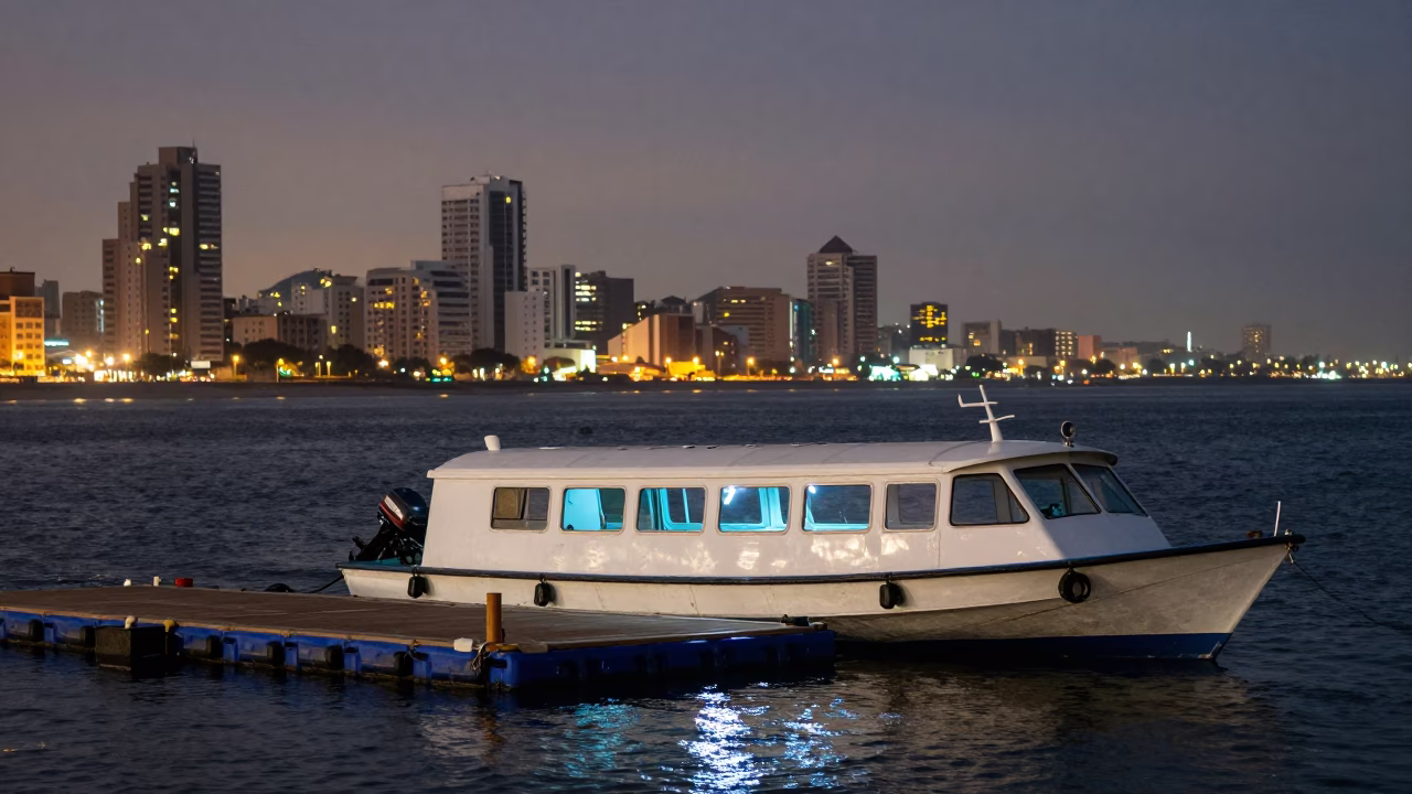 Lima Peru Water Taxi at Floating Dock with City Lights Begin to Glow in in Lima, Peru