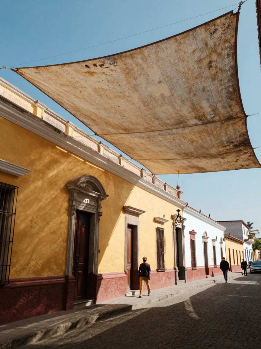 Lima Peru Winter Noon Street Scene with Sun-bleached Canvas and Latch in in Lima, Peru