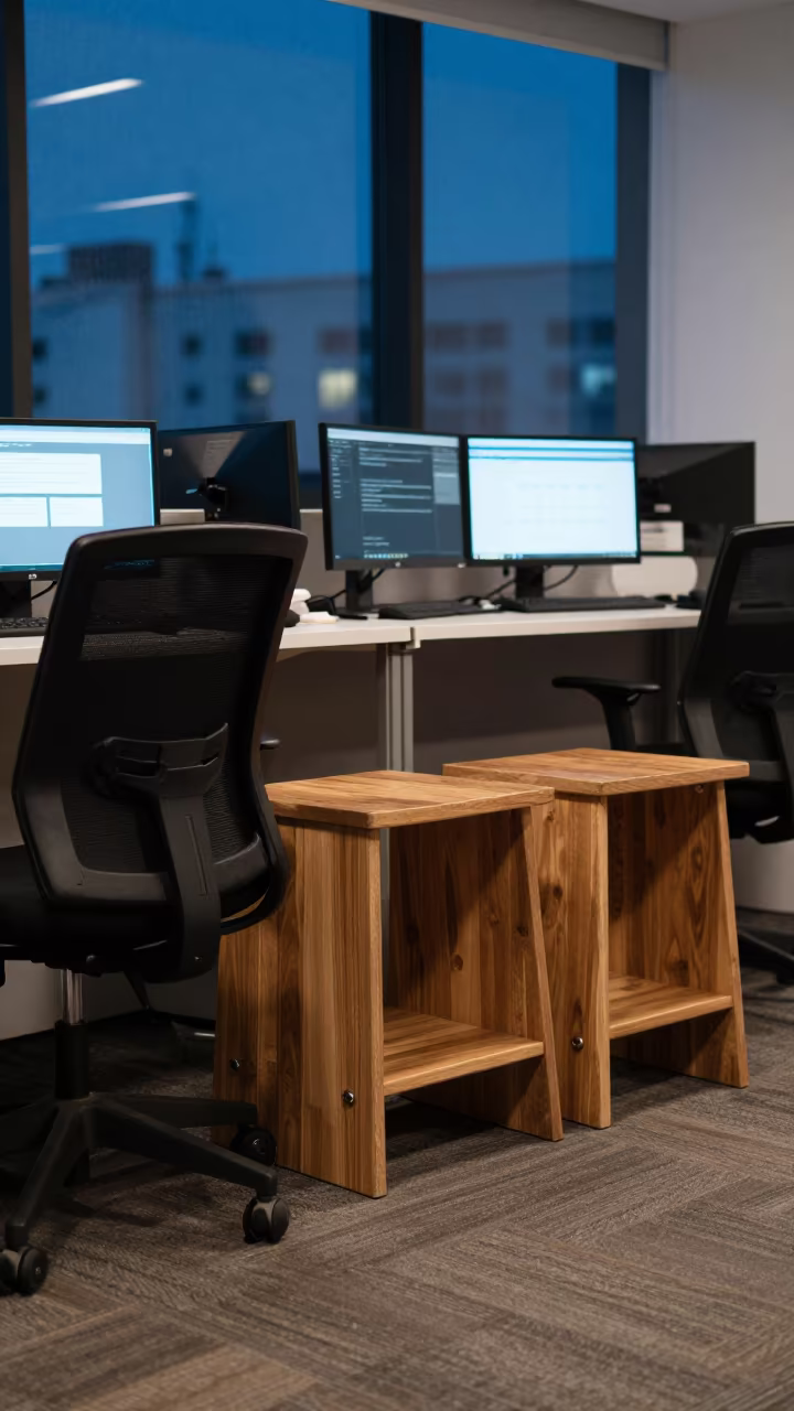 Lima Reception Desk Stool Rack Evening Light in at an office reception desk in Centro Historico, Lima