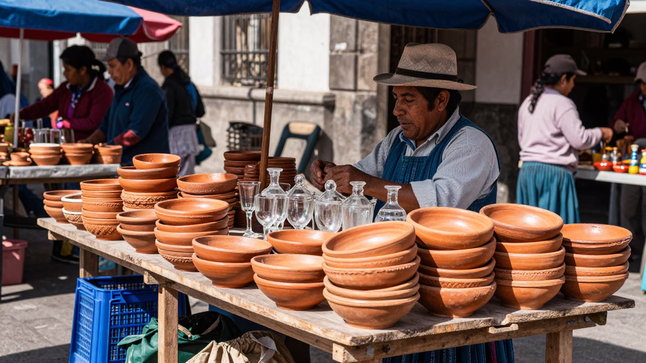 Lima Street Market Stall with Terracotta Bowls and Glass Bottles in in Lima, Peru