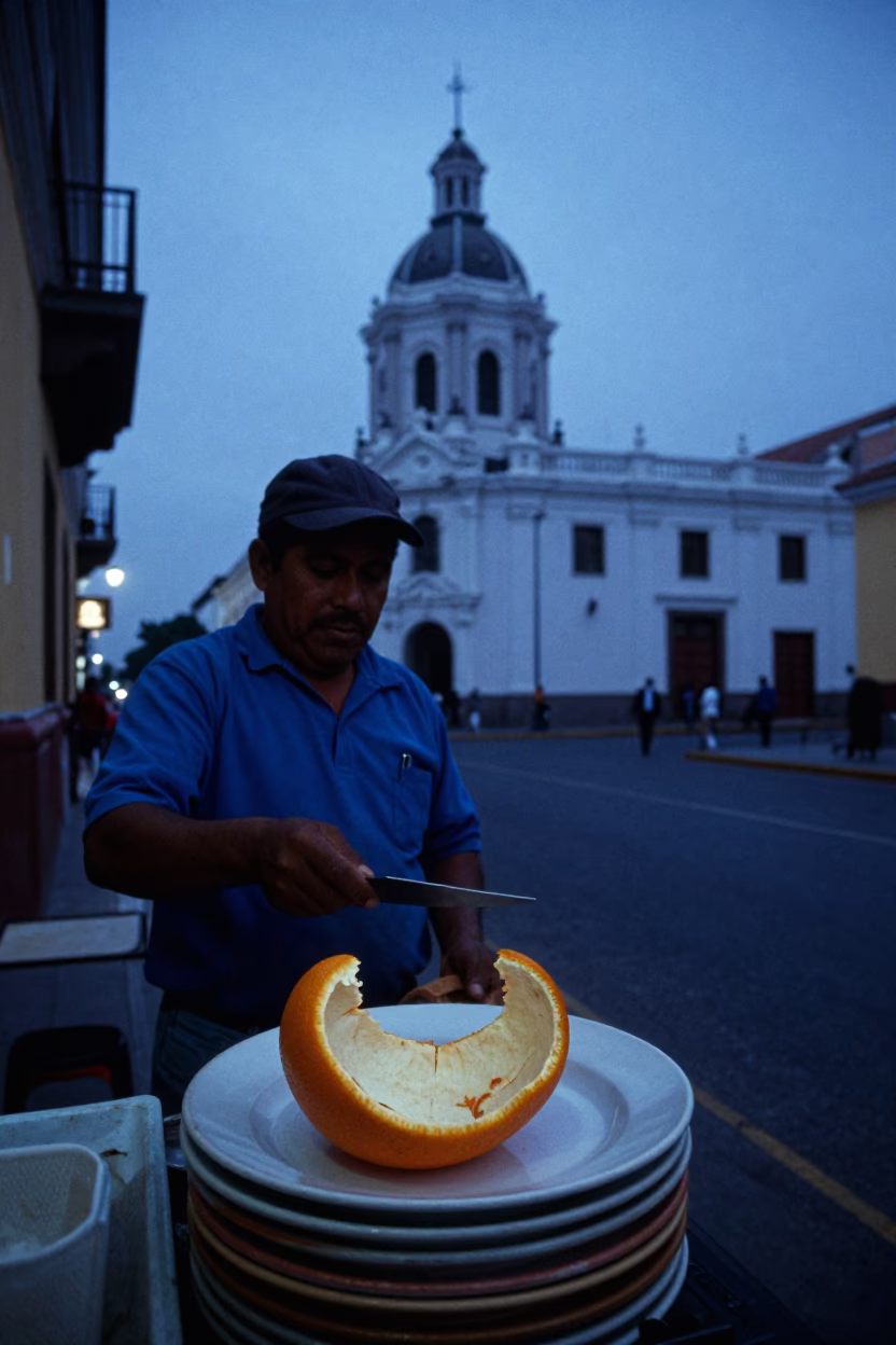 Lima Street Scene at Indigo Twilight After Sunset in in Lima, Peru
