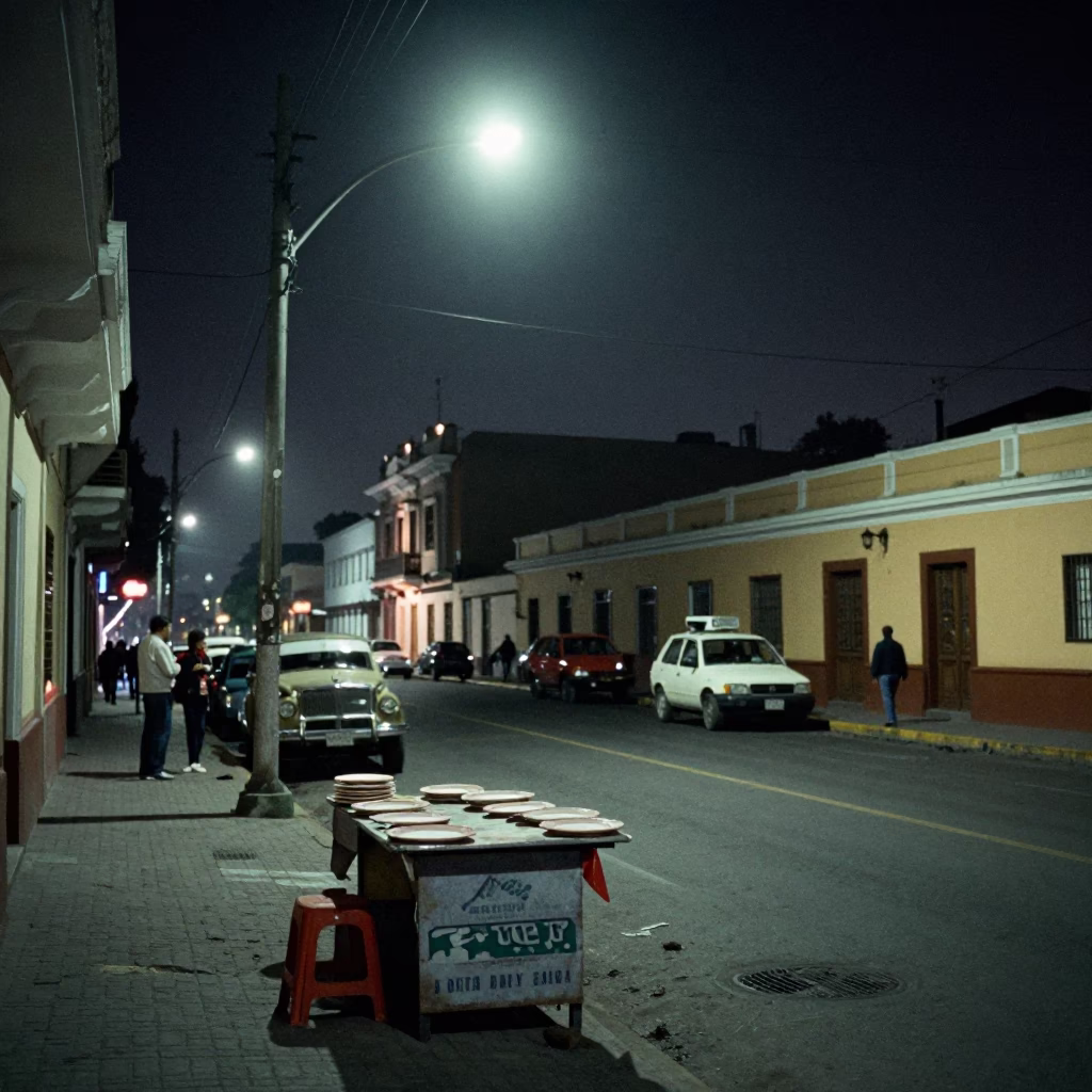 Lima Street Scene at Late At Night Light in in Lima, Peru