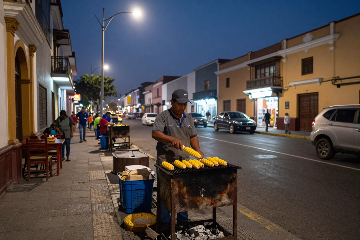 Lima street vendor grilling corn under mixed city lights at night in in Lima, Peru