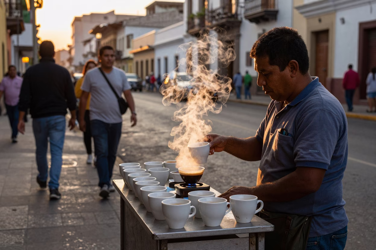 Lima Street Vendor Selling Espresso Cups at Golden Hour in Peru in in Lima, Peru