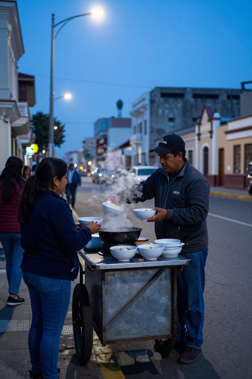 Lima street vendor serving hot soup bowls under blue hour streetlights in in Lima, Peru