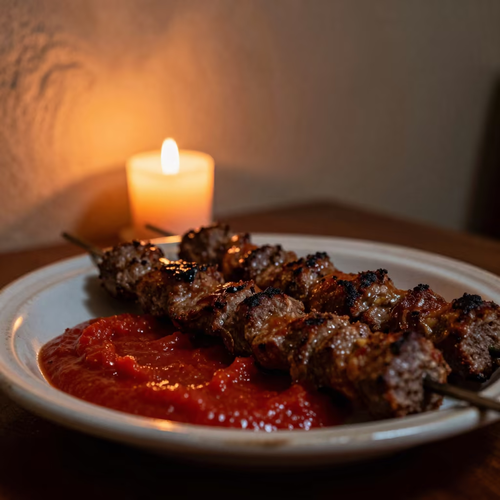 Lima Sunset Plate of Iskender Kebab with Tomato Sauce in on a ceramic plate by a window in Lima