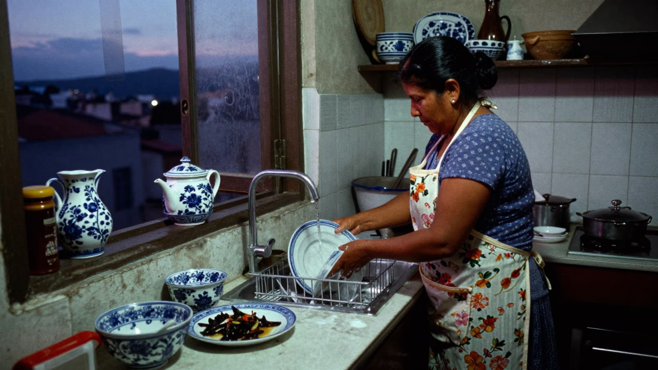 Lima Twilight Kitchen Scene With Blue Floral Porcelain And Dried Herbs in in Lima, Peru