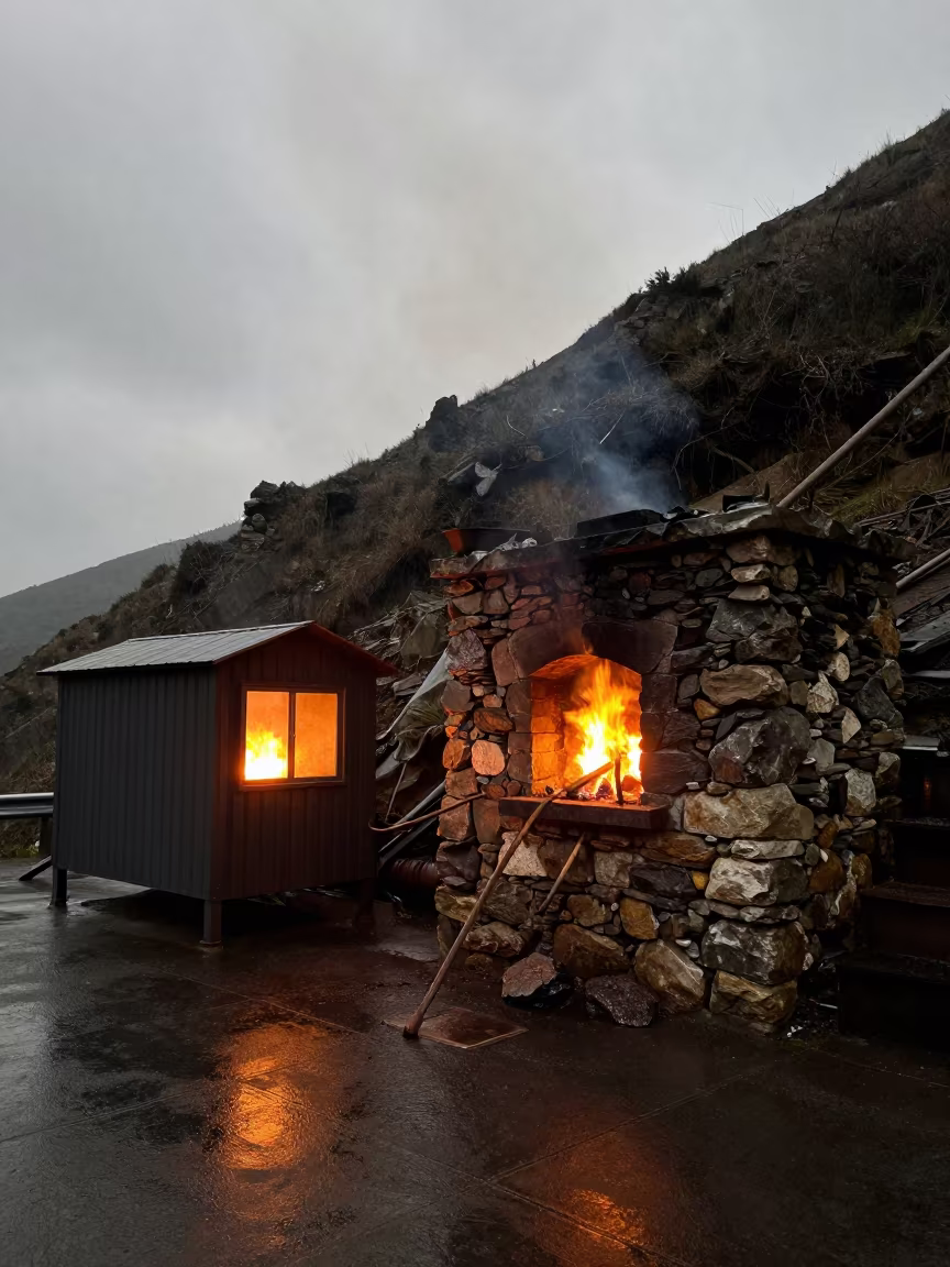 Lime Kiln Firelight in Rainy Predawn in in a welding bay near Ichalkaranji