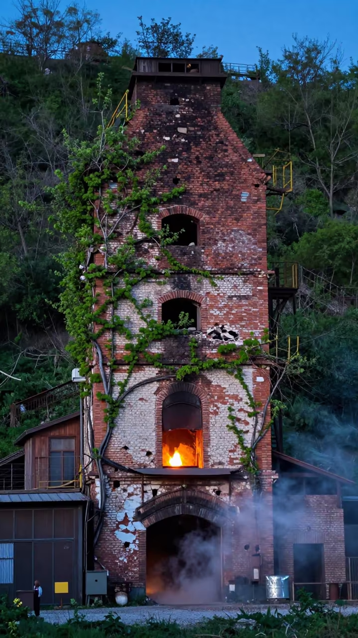 Lime Kiln Overgrown in Predawn Firelight in beside a blast furnace near Rimini