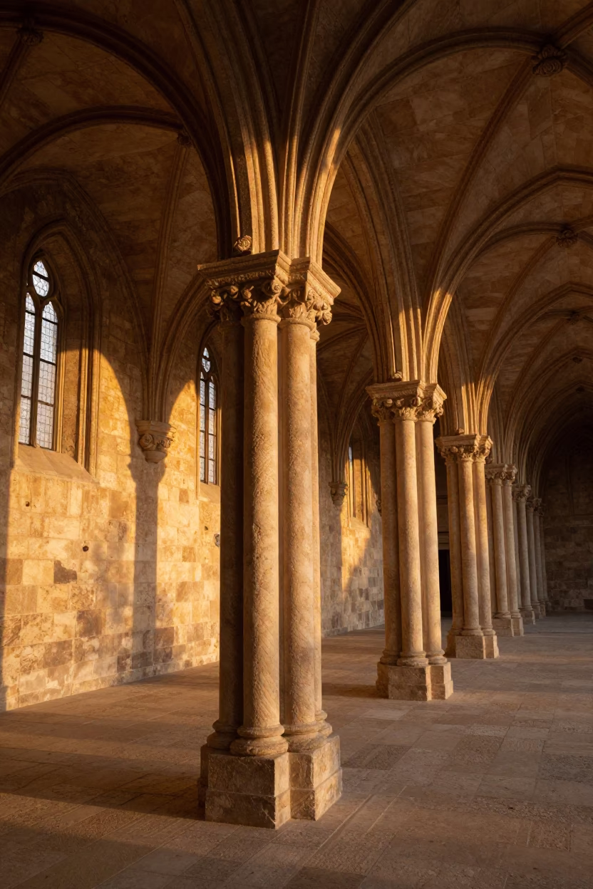 Limestone Bundles in Gothic Nave Amber Light in along a monastery corridor in Leme