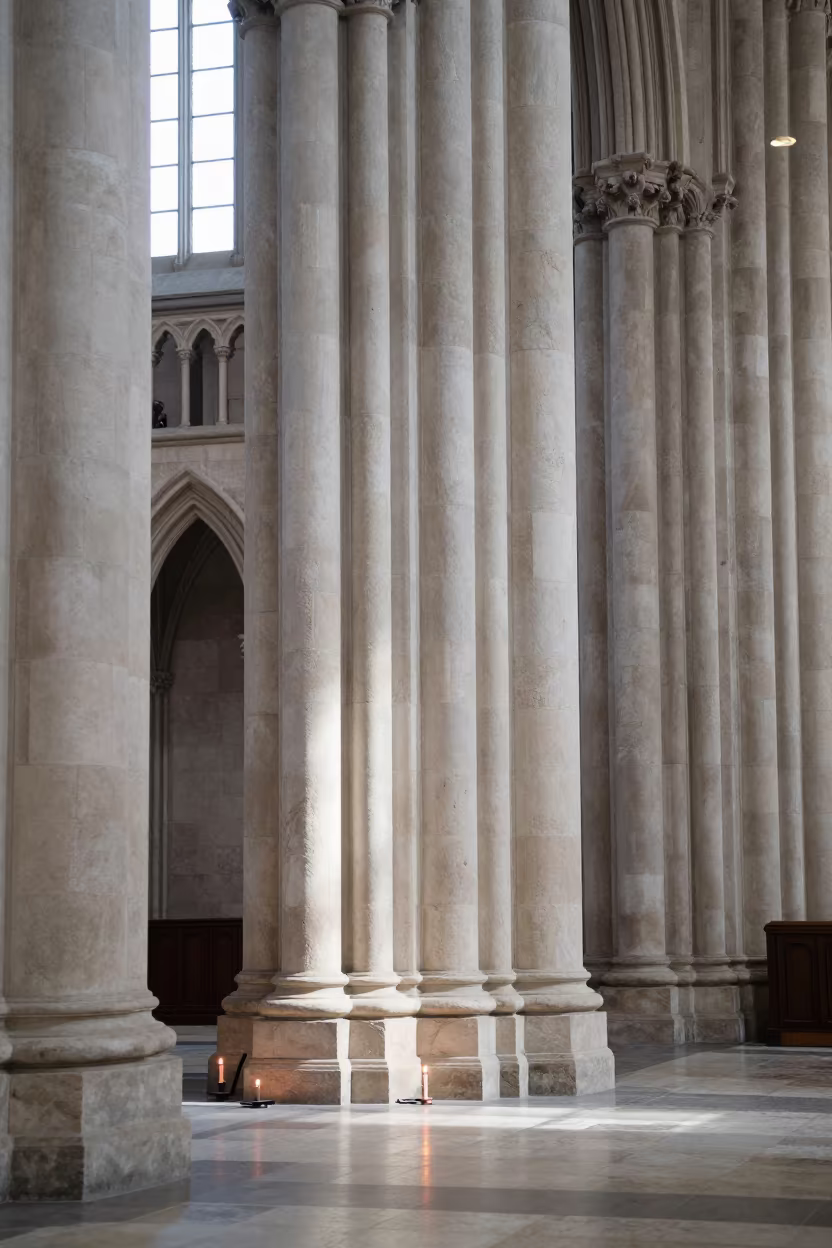 Limestone Column in Candlelit Jinan Abbey Nave in inside a candlelit abbey nave in Jinan