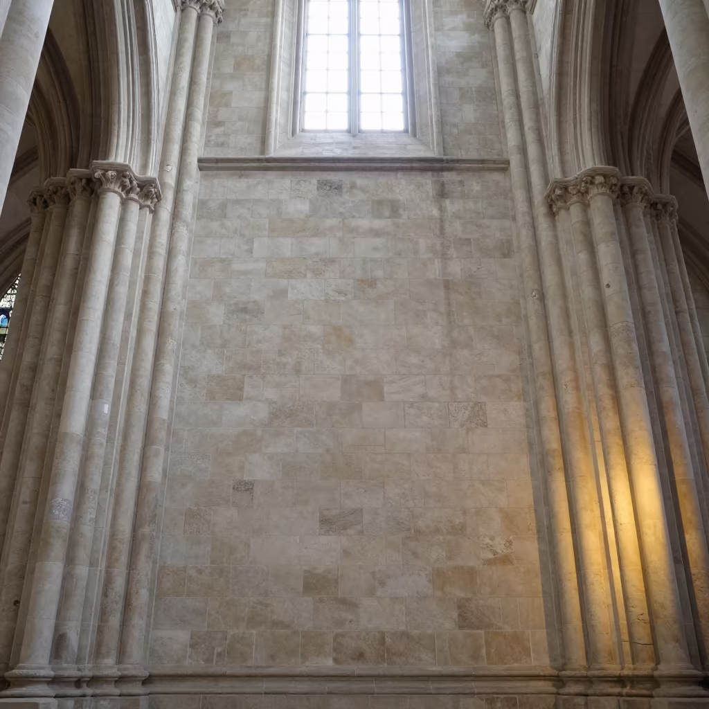 Limestone Column in Jinan Abbey Nave in inside a candlelit abbey nave in Jinan