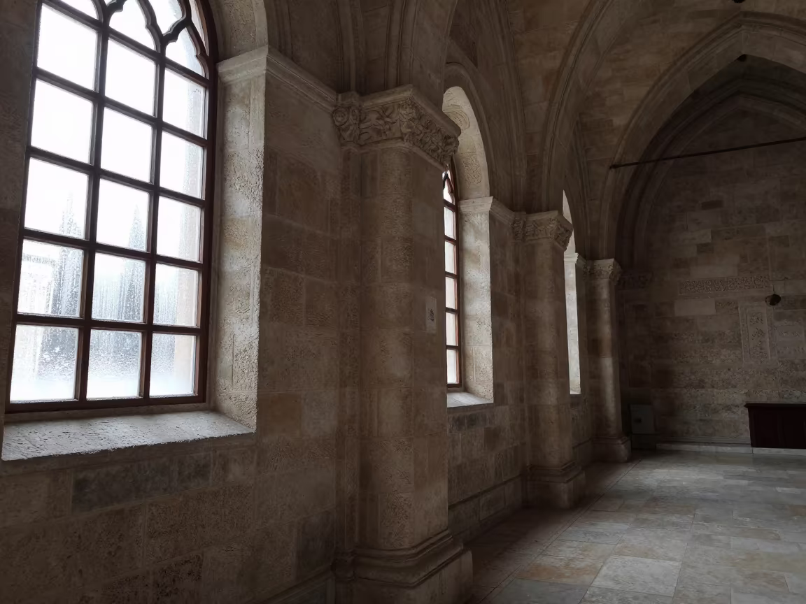 Limestone Column in Winter Cathedral Cloister in inside a quiet cloister passage in Aleppo
