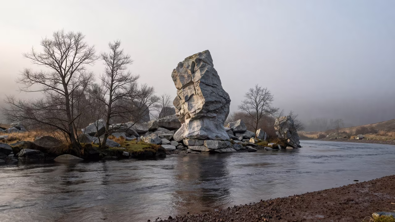 Limestone Karst Rising From Misty Lake District River in along a wave-cut shoreline in the Lake District