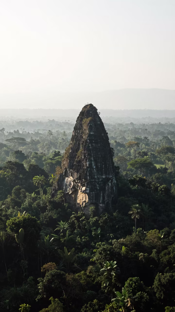 Limestone Karst Tower in Jungle Mist in from a ridge above layered foothills near Jakarta