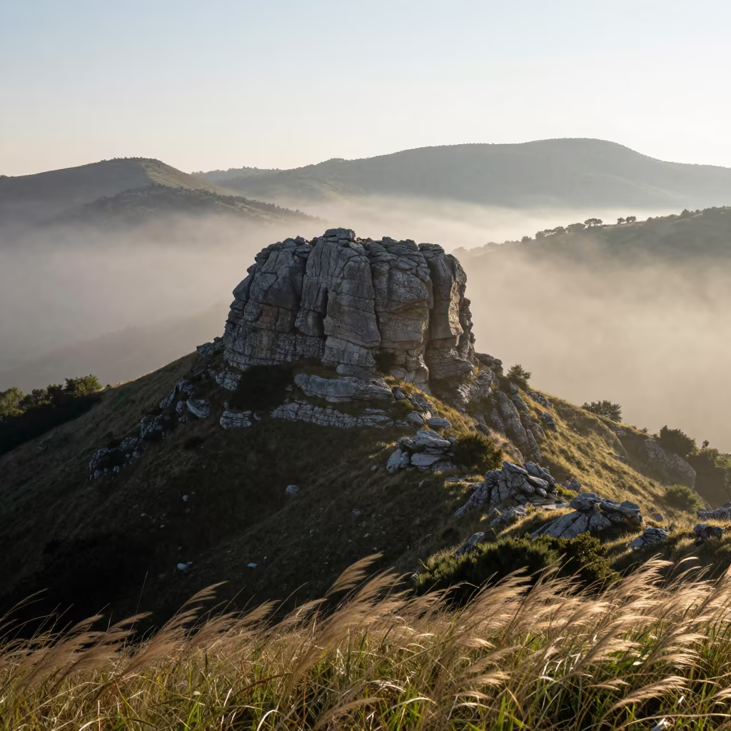 Limestone Karst Tower Rises Through Morning Mist in from a ridge above layered foothills in the Balearic Islands