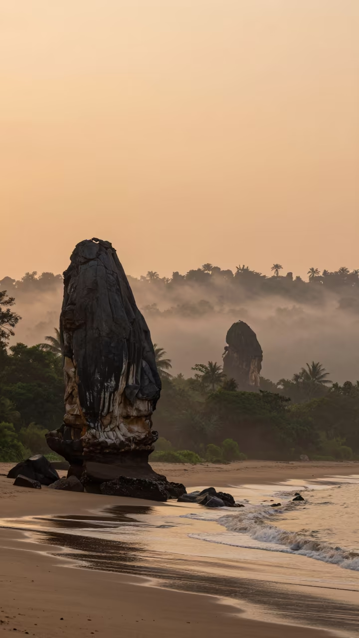 Limestone Karst Tower Rising From Wet Season Mist in along a wave-cut shoreline in West Bengal