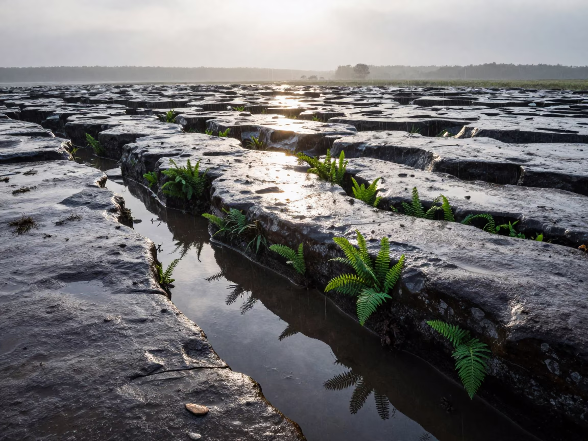 Limestone Pavement Ferns Rain Reflection Sunrise in across a floodplain after rain in United States