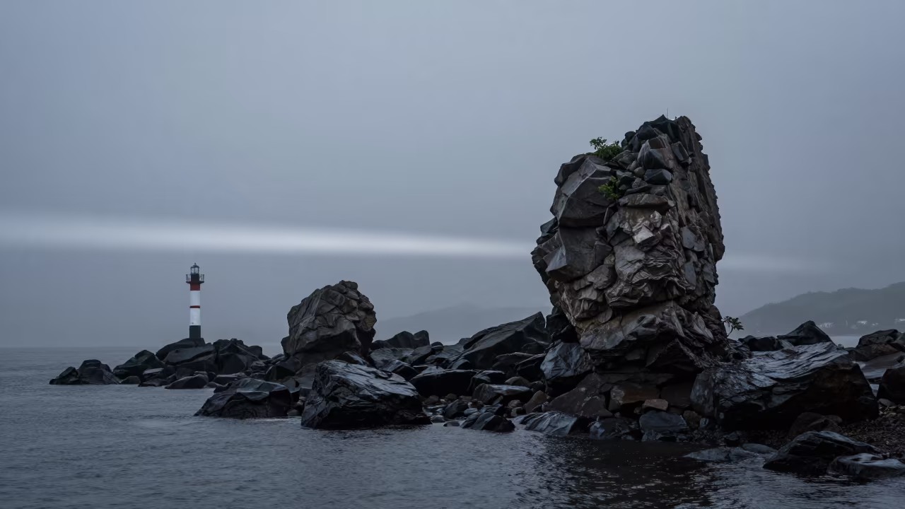 Limestone Towers Dawn Mist Rain Shoreline Kyoto in along a wave-cut shoreline near Kyoto