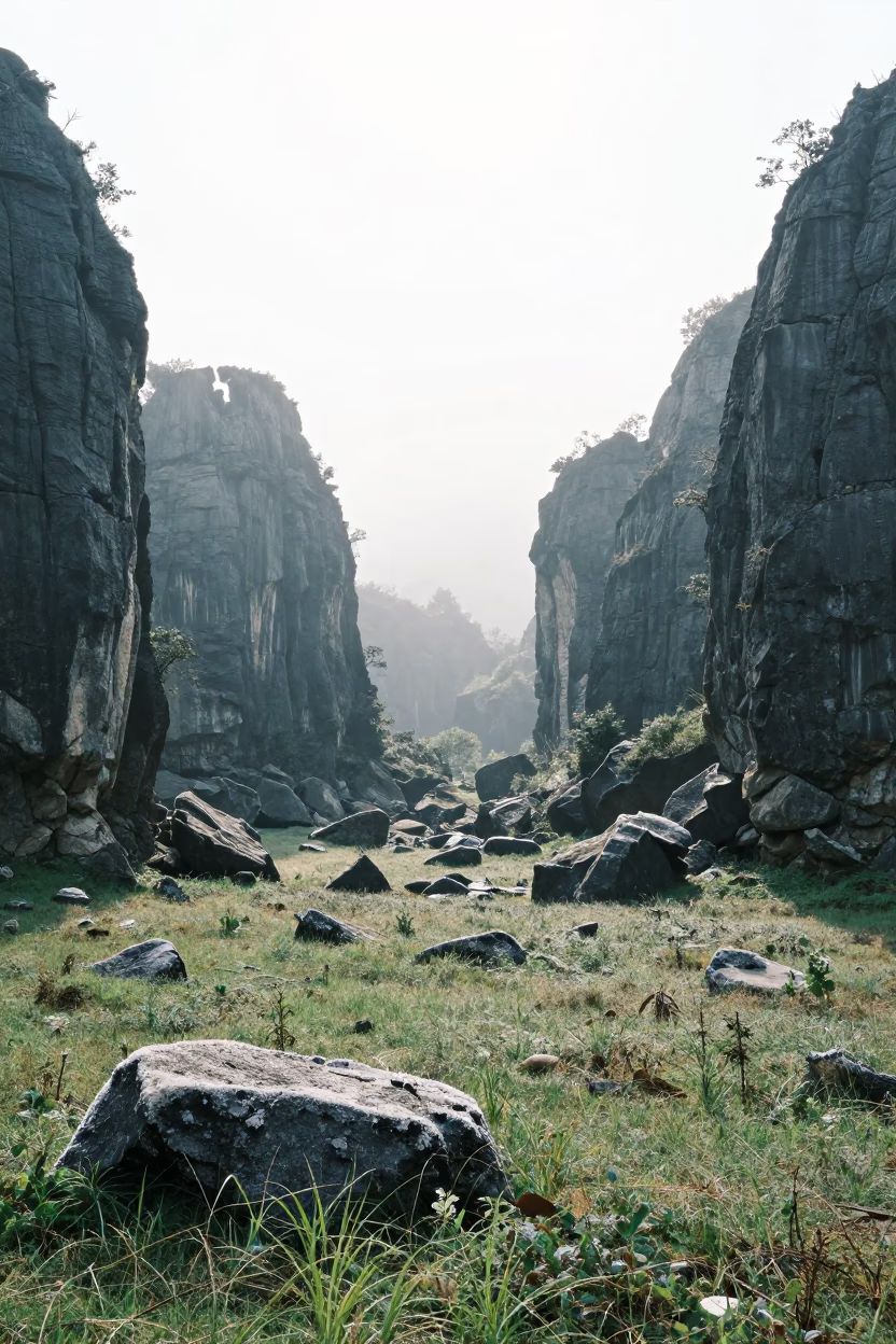 Limestone Towers Silhouetted in Misty Midsummer Valley in across a wide valley floor near San Luis