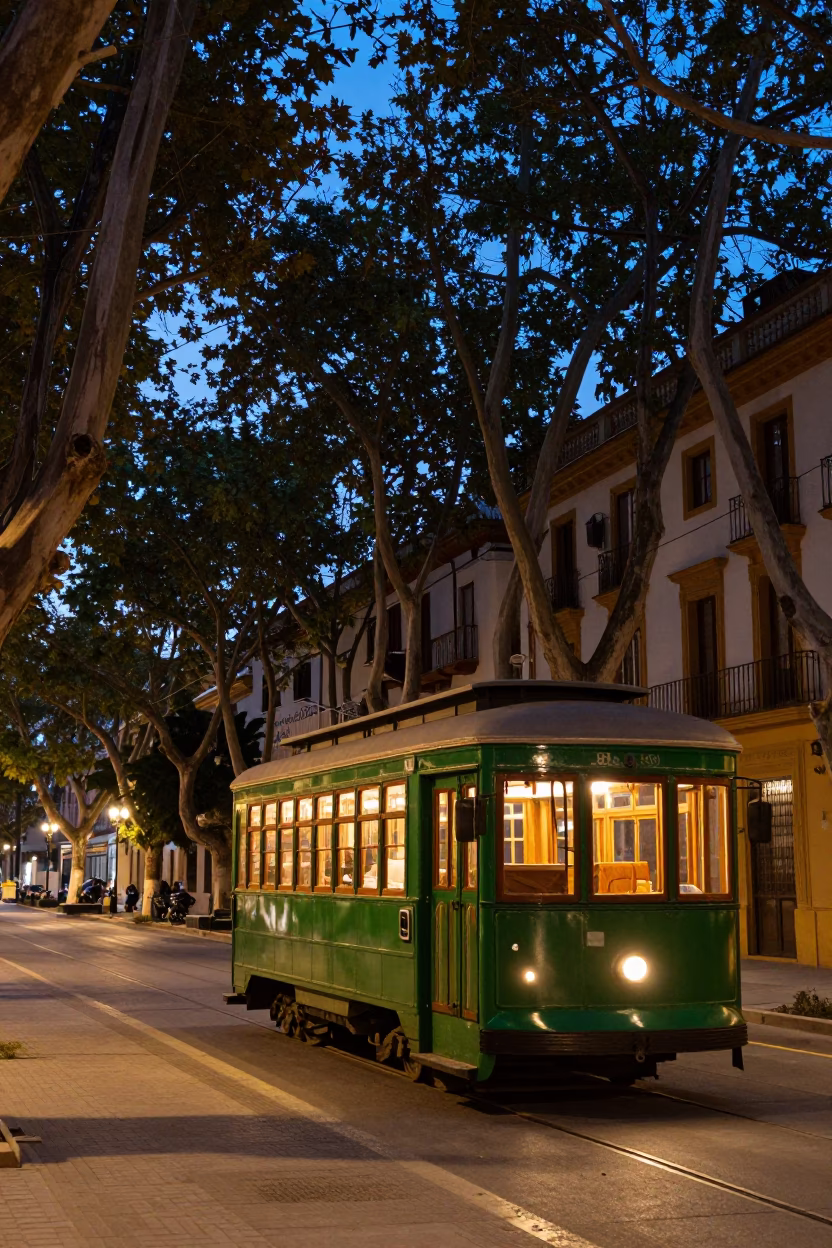 Lined Avenue in Seville at Twilight in in Seville, Spain