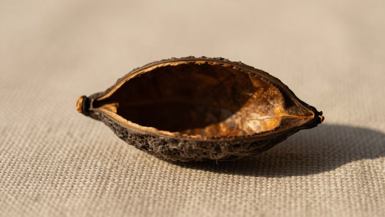 Linen Canvas Weave Macro Detail in Colombo Seed Pod in inside a seed pod split open in Pettah, Colombo